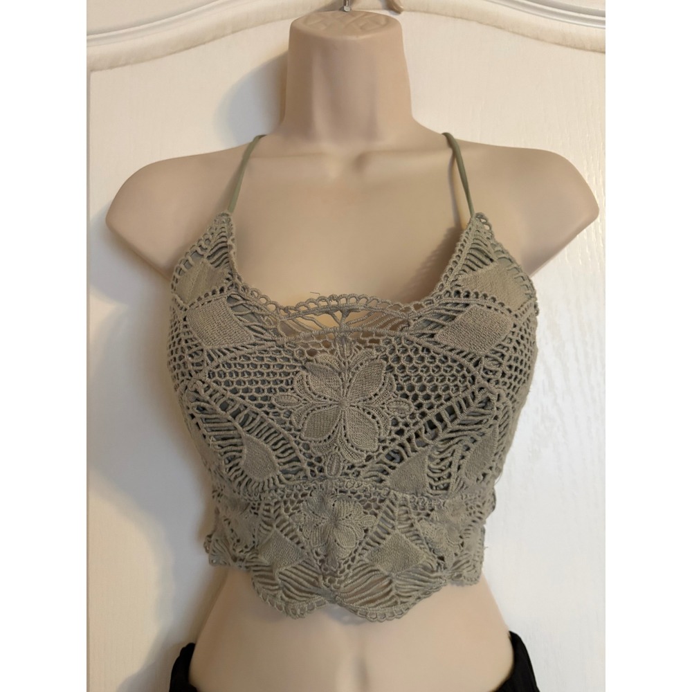 Willow & Root Sage Green Crochet Lace Crop Top Smocked Back Small Coquette